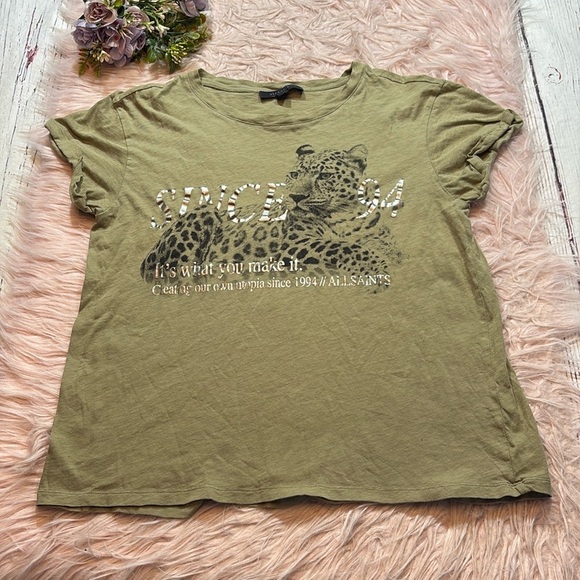 All Saints It’s What You Make It Leopard Graphic Tee sz 6 - Picture 1 of 9